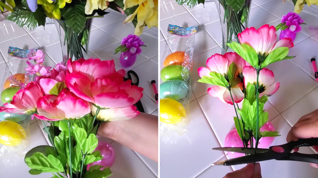 These DIY Flower Egg Vases are the perfect spring decor DIY! With some plastic Easter eggs and faux flowers, your space will blossom for spring! Here, trim any flowers you wish to use for the egg vases to fit the vase. 