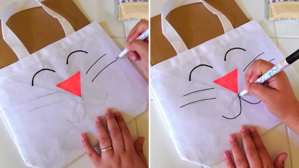 This DIY Bunny Bag is a fun spring statement piece and pairs perfectly with your spring or Easter outfit. Plus, this DIY Bunny Bag could easily be used as an Easter basket for kids to get their spring treats in and later use while Easter egg hunting!
Here, trace over the whiskers and the mouth with the black fabric marker. 